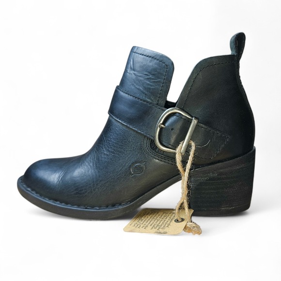 Born Royce Ankle Boots Size 7 Black Distressed Leather Silver Buckle Block Heel - Picture 2 of 11